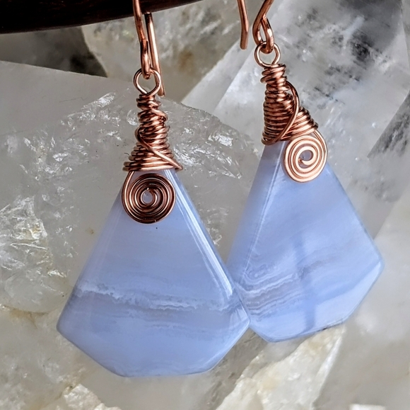 Natural Blue Lace Agate Earrings Copper Spirals Geometric Dangle Drop Design - Picture 5 of 15